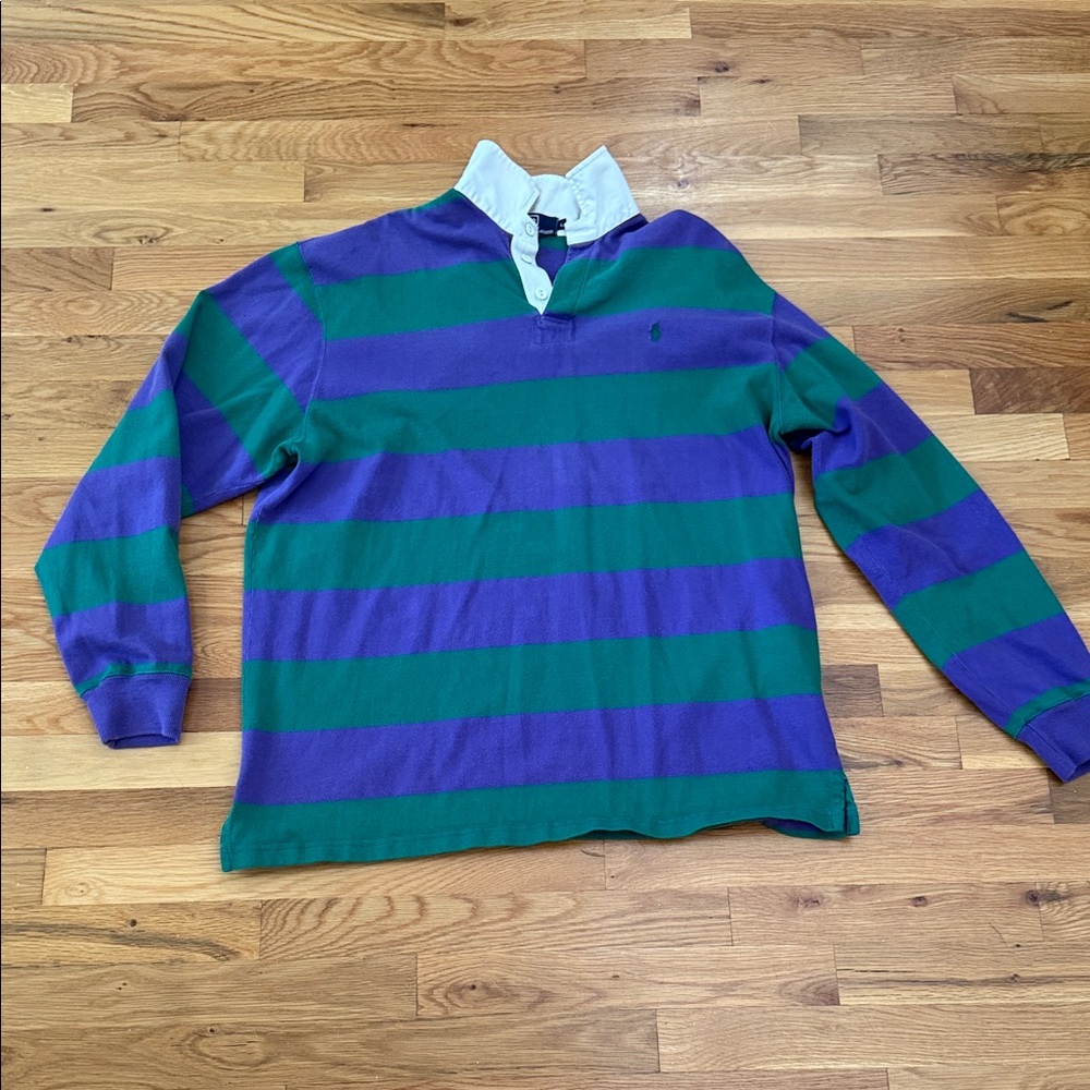 Vintage Polo Ralph Lauren Striped Green and Purple Rugby Shirt